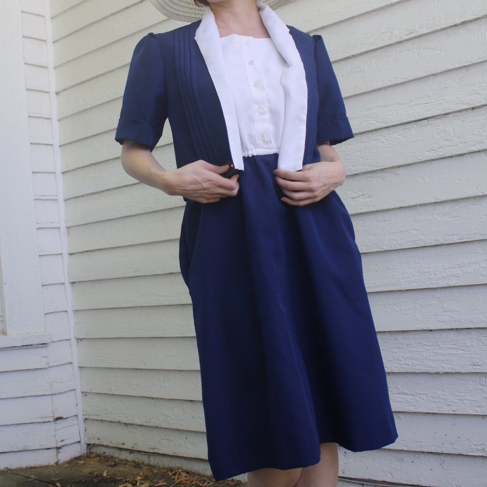 70s Blue White Day Dress S M Montgomery Ward Casual - Picture 2 of 10